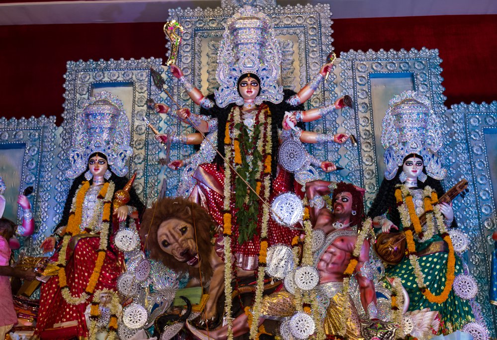 Goddess Durga idol at decorated Durga Puja pandal