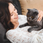 Beautiful woman lying on sofa with scottish fold cat