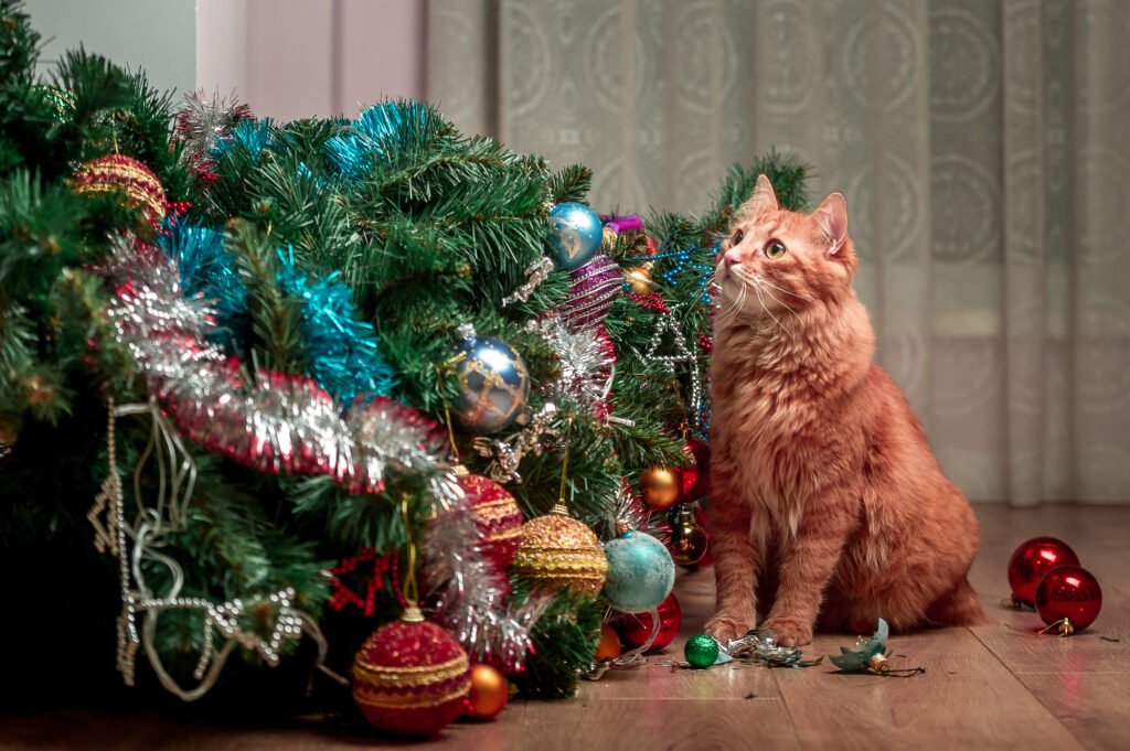 Christmas cat.. Funny ginger cat and christmas tree. Happy end. Cat playing with toy balls on tree and broke them. Fallen down tree. Cat portrait with eyes asking to forgive.
