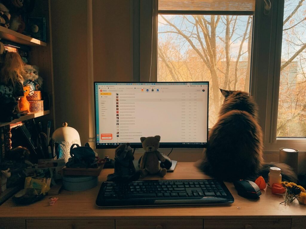 A serene home workspace featuring a cat by the window, a computer screen, and charming decorations.