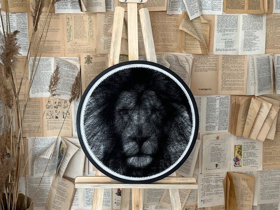  A black-and-white lion portrait on an easel, surrounded by book pages and artistic decor, symbolizing the lion's influence in media and art. 