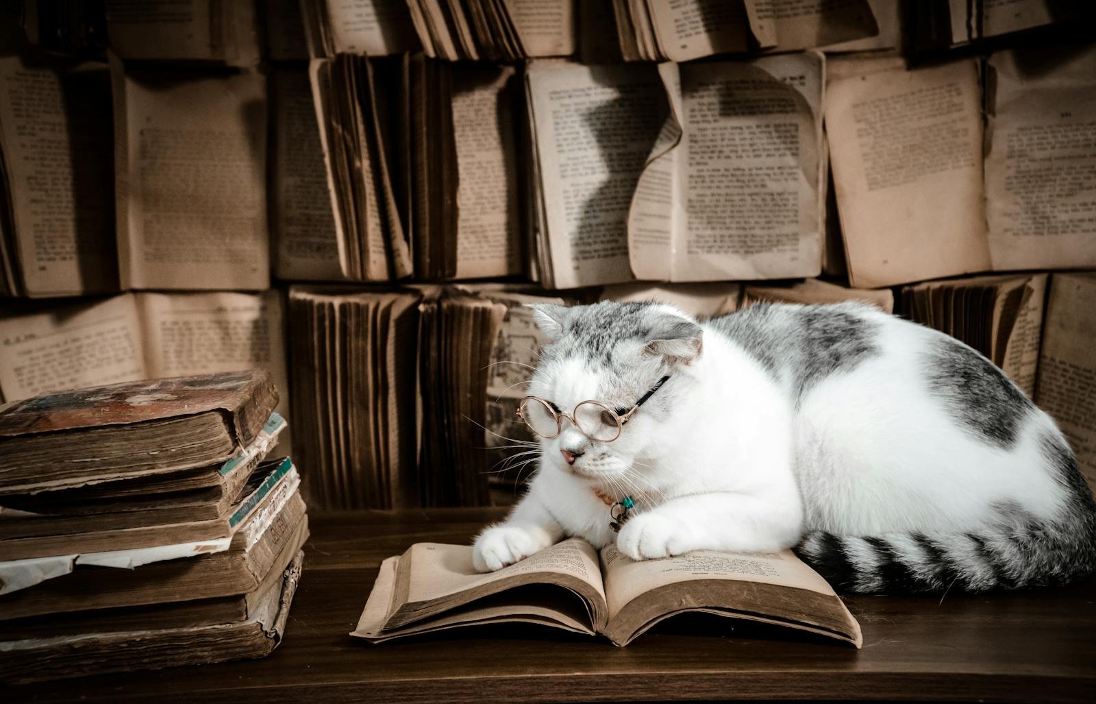 World records: A cute domestic cat with glasses reading a book surrounded by old books in a cozy room.