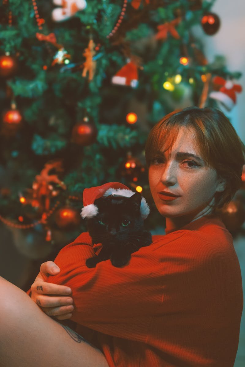 Photo by Tamilles Esposito Via Pixabay A woman holding a black cat in a Santa hat by a Christmas tree.