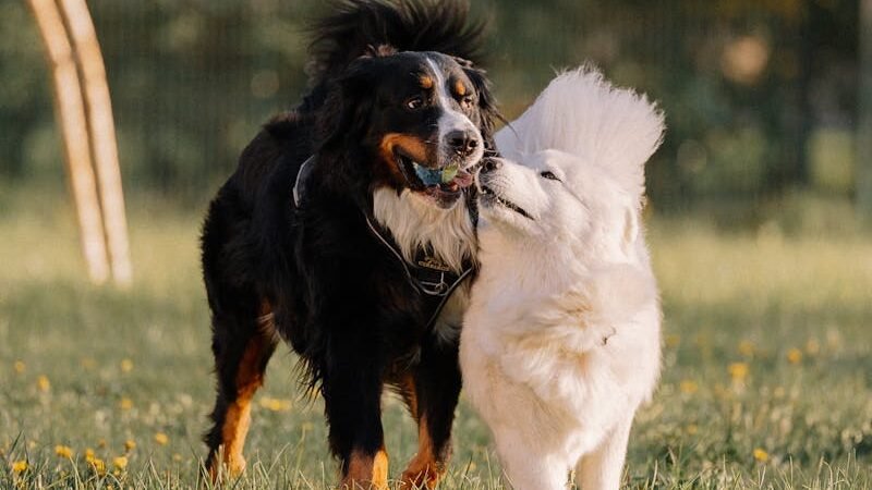A playful interaction between a black-and-brown Bernese Mountain Dog and a white Samoyed in a grassy field. The dogs appear friendly and engaged, highlighting their social nature.