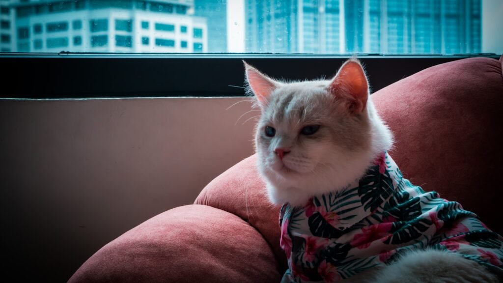 Human emotions: a cat wearing a shirt sitting on a couch
