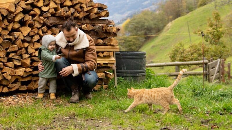A man crouching next to a child by a stack of firewood outside a rustic wooden house, with an orange cat walking nearby on a grassy field, surrounded by a scenic mountain landscape.