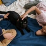 Two children relaxing on a bed with a black cat, one petting its head while the other watches, creating a calm and loving atmosphere