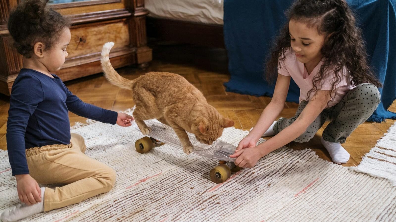 Two children playing with an orange cat in a cozy living room, engaging with toys and sharing a joyful moment