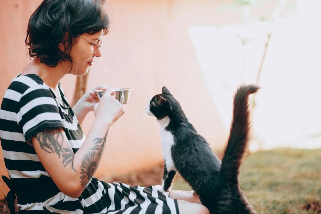 Woman playing with a tuxedo cat outdoors in a sunny setting, featuring tattoos and striped dress.