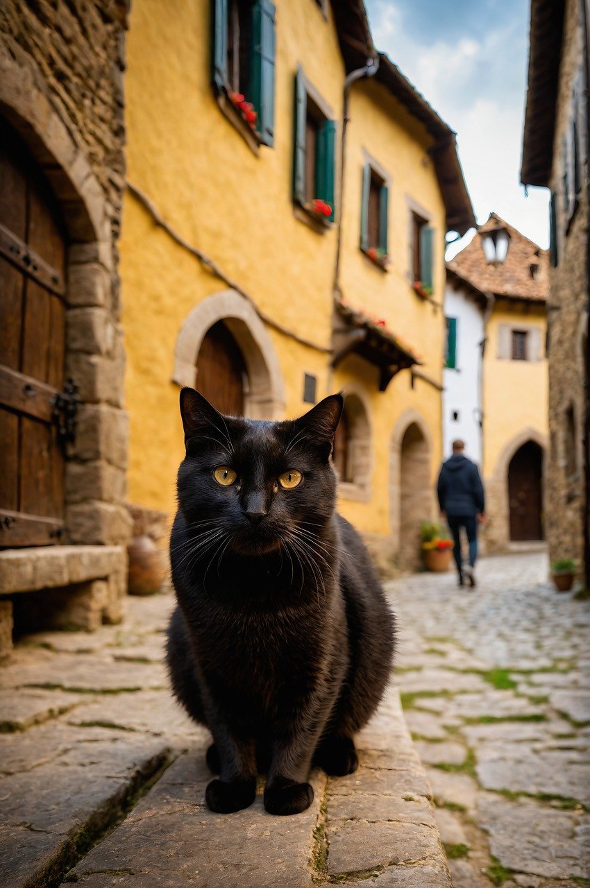 Photo by Katziwelt via Pixabay cat, black cat, village, medieval, medieval village, pet, animal, nature, cat, cat, black cat, black cat, black cat, black cat, black cat