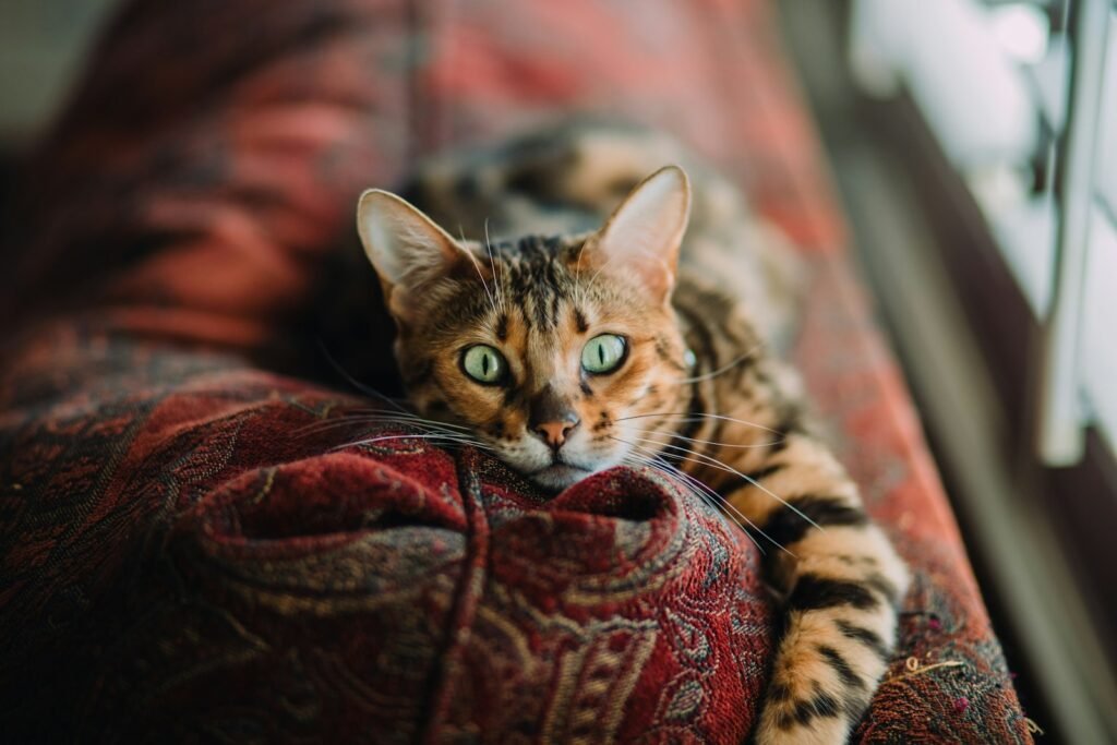 A Bengal cat with striking green eyes lying on a patterned red cushion near a window, gazing intently at the camera in a cozy indoor setting.