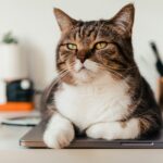 white and brown cat on macbook pro