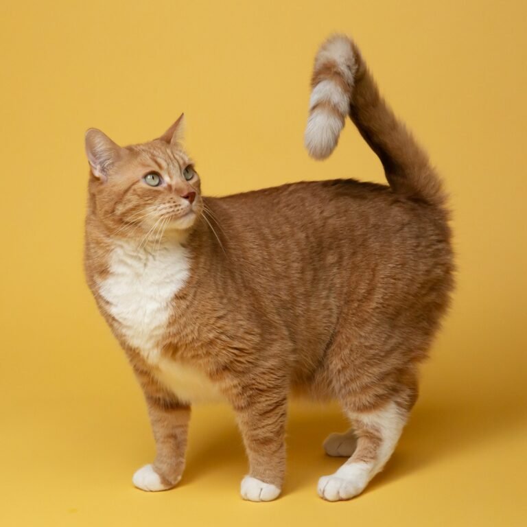 A domestic ginger tabby cat with white markings standing on a yellow background. The cat has its tail raised and is looking to the side, appearing alert and curious.