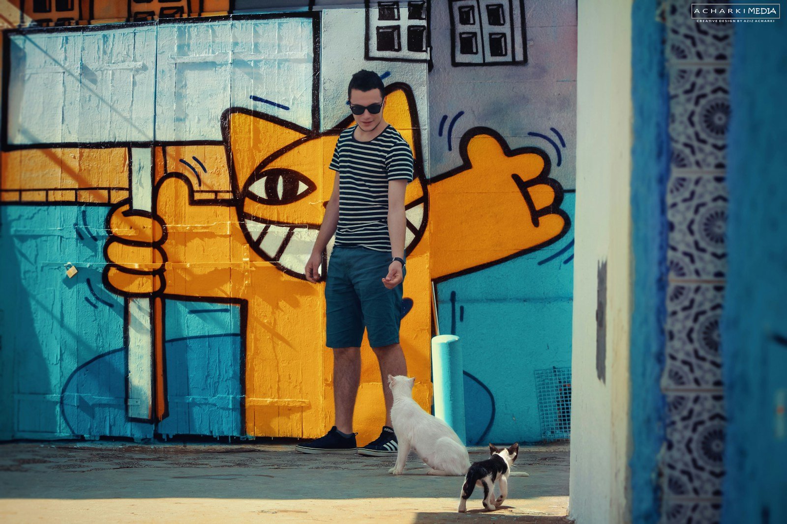 Photo by Aziz Acharki cats and humans: woman in black and white striped shirt and blue denim shorts standing beside white short coated