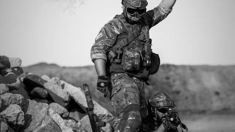 Armed soldiers in a rugged environment, one signaling with a smoke flare, representing the ongoing struggle between human expansion and wildlife conservation.