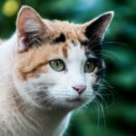 A close-up of a calico cat with green eyes, looking intently to the side against a blurred natural background.