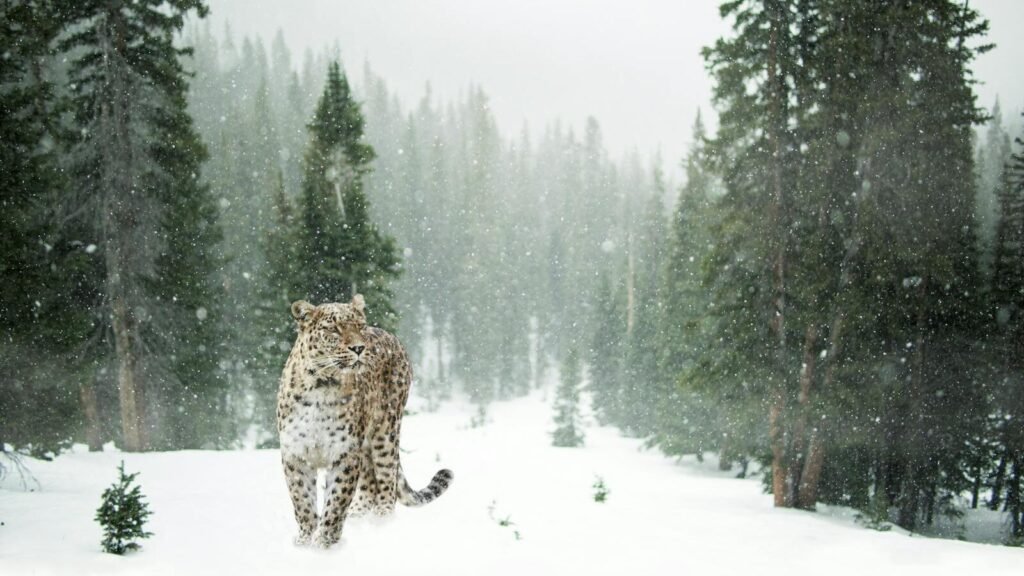 A snow leopard walking through a snow-covered forest, its fur blending into the winter landscape, with trees dusted in snow.