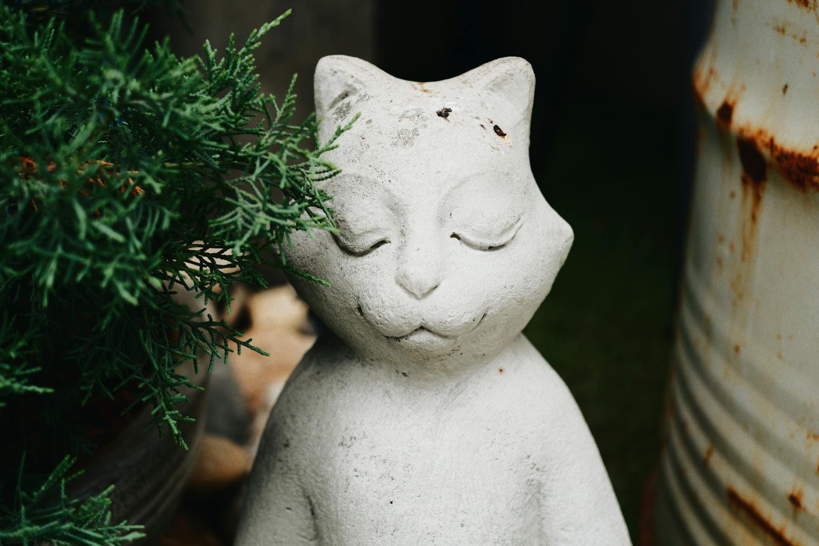A tranquil cat figurine surrounded by greenery in a rustic garden.