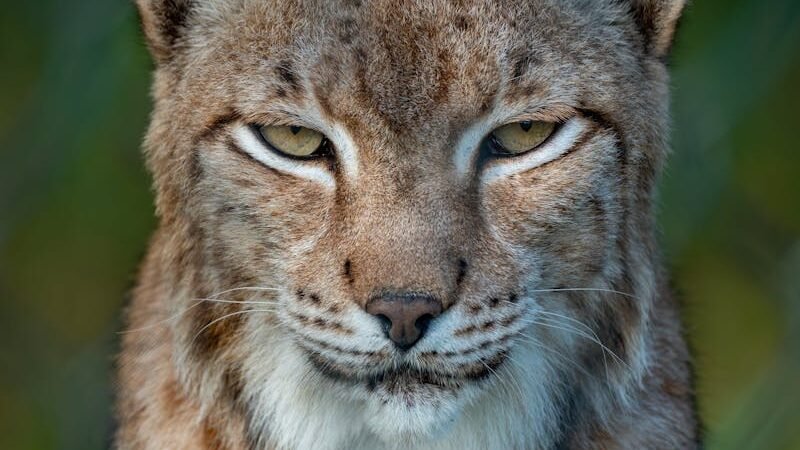 A close-up portrait of a wild lynx with sharp, focused eyes and distinctive tufted ears, highlighting its solitary and majestic nature.