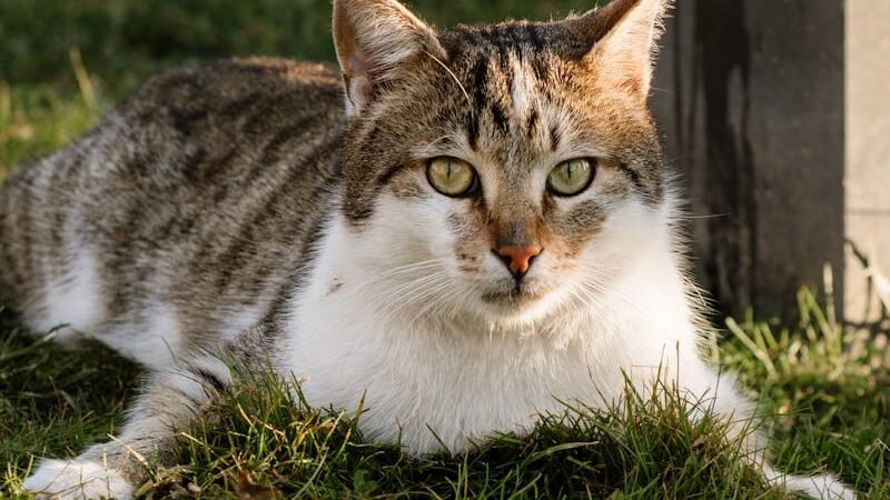 A tabby cat is lying on the grass next to a pole. The cat is resting on its side with its ears perked up, appearing calm and alert.