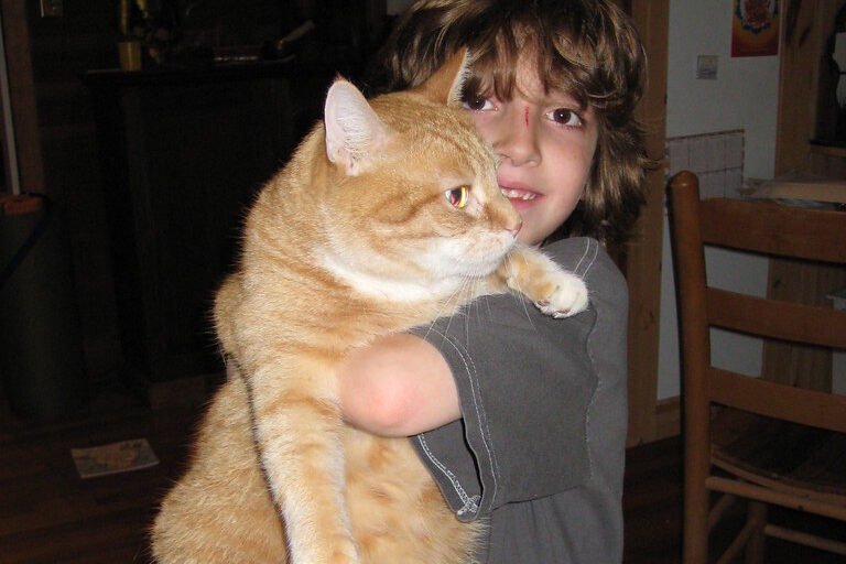 A young child smiles while holding a large, orange tabby cat, gently supporting its body as the cat relaxes in the child’s arms.