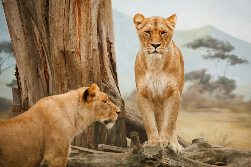 Two lionesses by a tree in their natural savannah habitat, showcasing wildlife beauty.