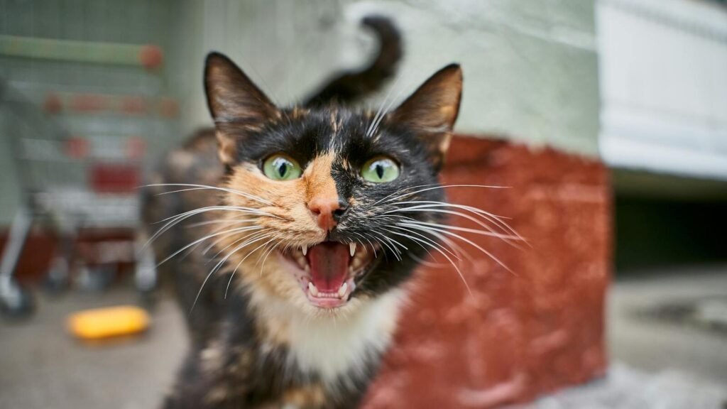A fierce-looking calico cat with wide green eyes and an open mouth, standing in an urban setting, displaying strong territorial instincts.