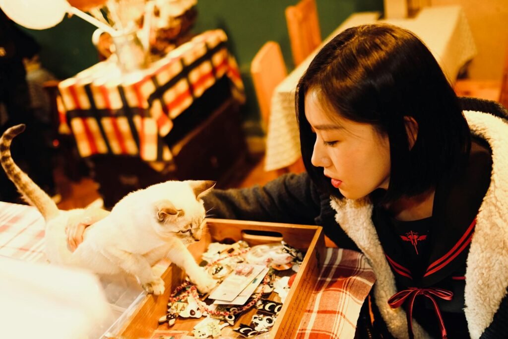 cat confusion: A young woman in a cozy setting interacts with a cat on a table covered in colorful fabrics.