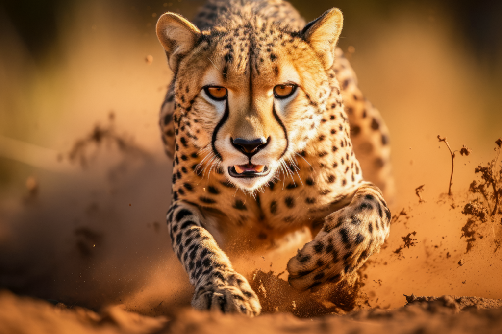 A cheetah sprints through the dusty terrain, showcasing its speed and determination.
