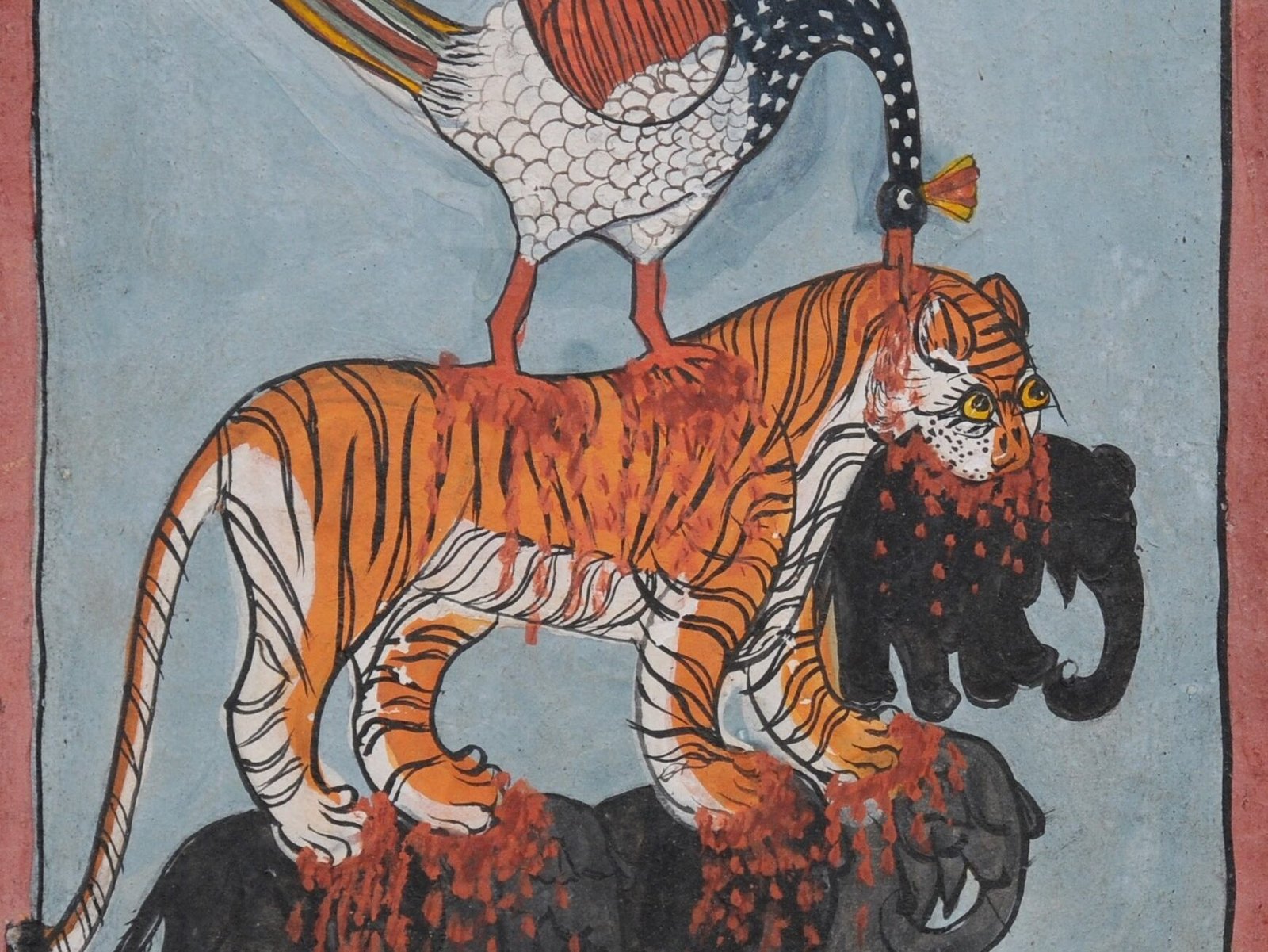 A traditional illustration depicting a tiger standing over slain animals with a bird perched on its back, symbolizing themes of power and dominance in literature and folklore.