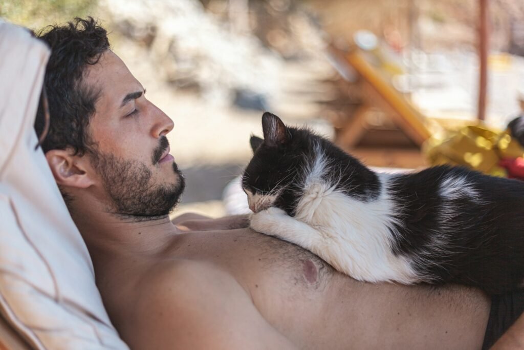 Cat Scent cat lying on topless man