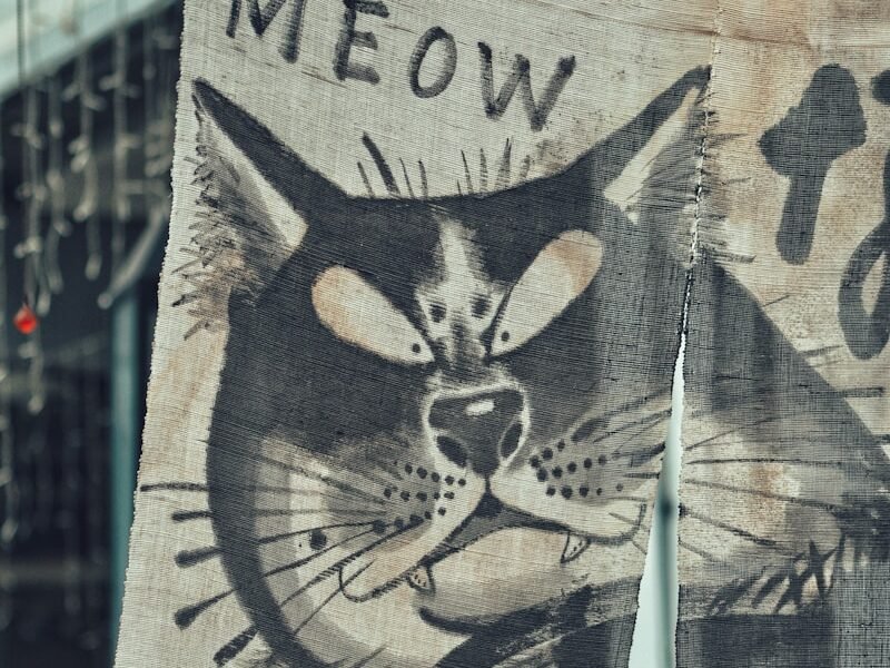 A fabric banner featuring a bold, stylized painting of a cat with intense eyes, accompanied by the word "MEOW" and Chinese characters