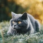 A beautiful British Shorthair cat lying on grass with a bokeh background, showcasing its orange eyes.
