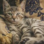 A charming tabby cat relaxing on decorative pillows indoors, showcasing cozy domestic vibes.