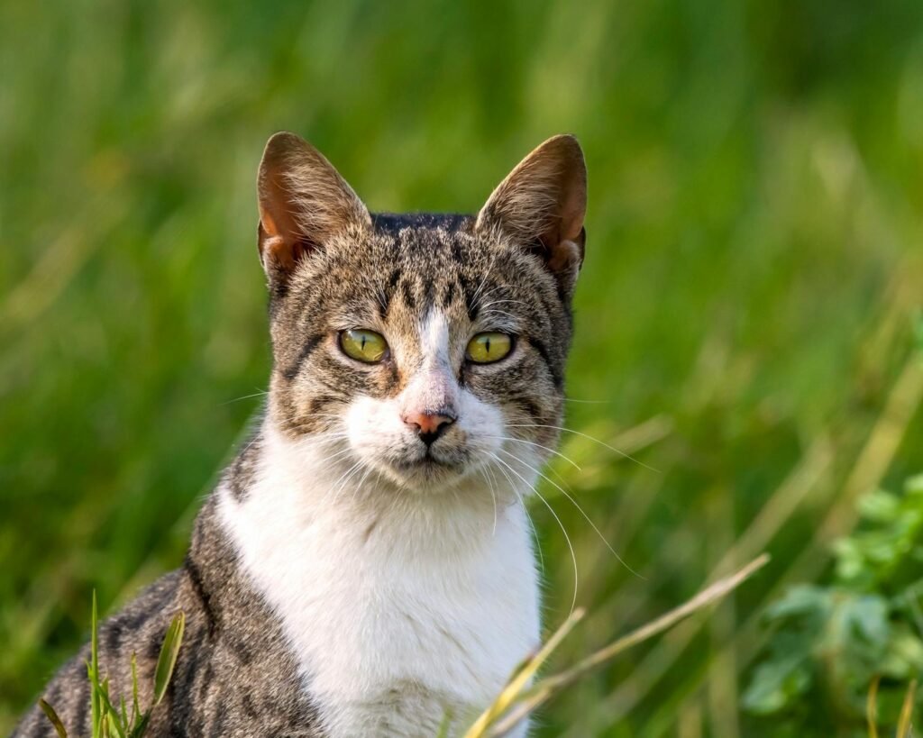 Close-up of a tabby cat staring intently in a sunlit Egyptian field.