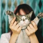 A woman playfully holds her tabby cat with paws up, creating a charming pet portrait.