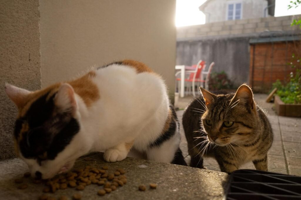 Two playful cats enjoying their meal in a cozy outdoor setting.