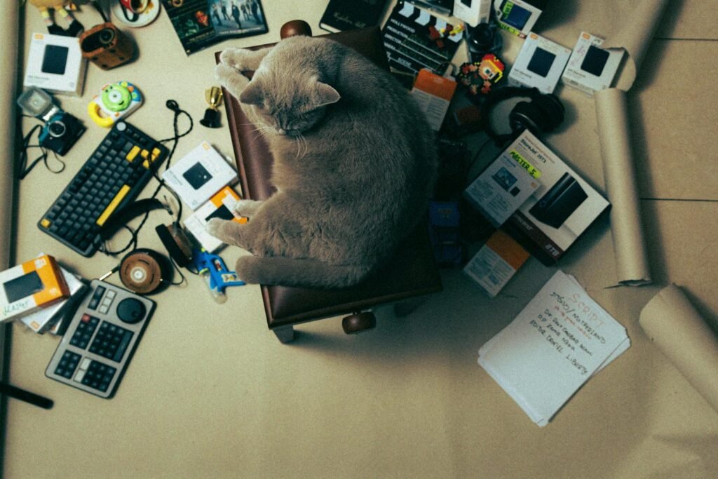 A cat relaxes in a cluttered workspace filled with electronic items and supplies, providing a unique cozy contrast.