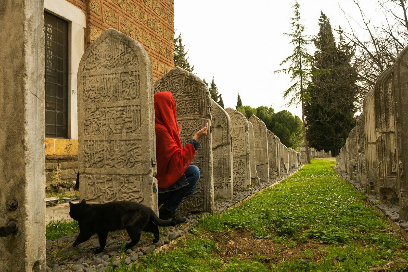 Person in red hoodie with cat in historic graveyard, peaceful and mysterious.