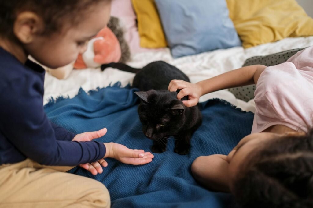 Two children playfully interacting with a black cat on a cozy bed indoors, showcasing warmth and affection.