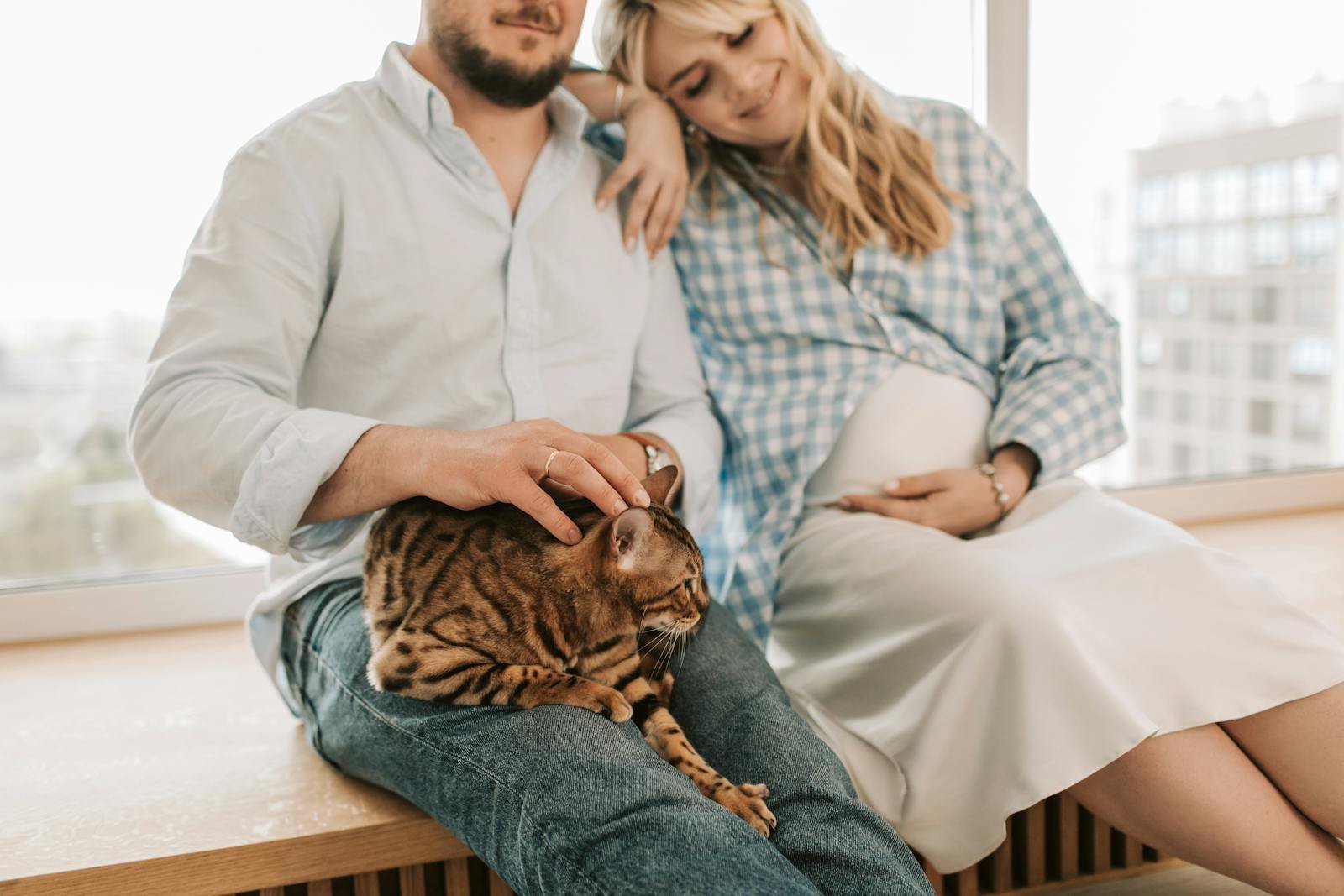 A loving pregnant couple sits by a window with their pet cat, enjoying a serene moment together.