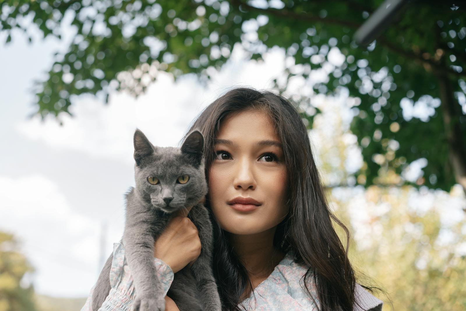 Portrait of a young woman holding a gray cat outdoors on a sunny day.