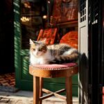 A serene cat relaxing on a stool outside a shop, basking in the sunlight.