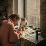 A woman practices Chinese calligraphy beside a curious cat in a warm, artistic home setting.