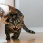 A tabby cat hisses at a dog in an indoor hallway, showcasing tension.