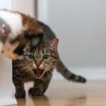 A tabby cat hisses at a dog in an indoor hallway, showcasing tension.