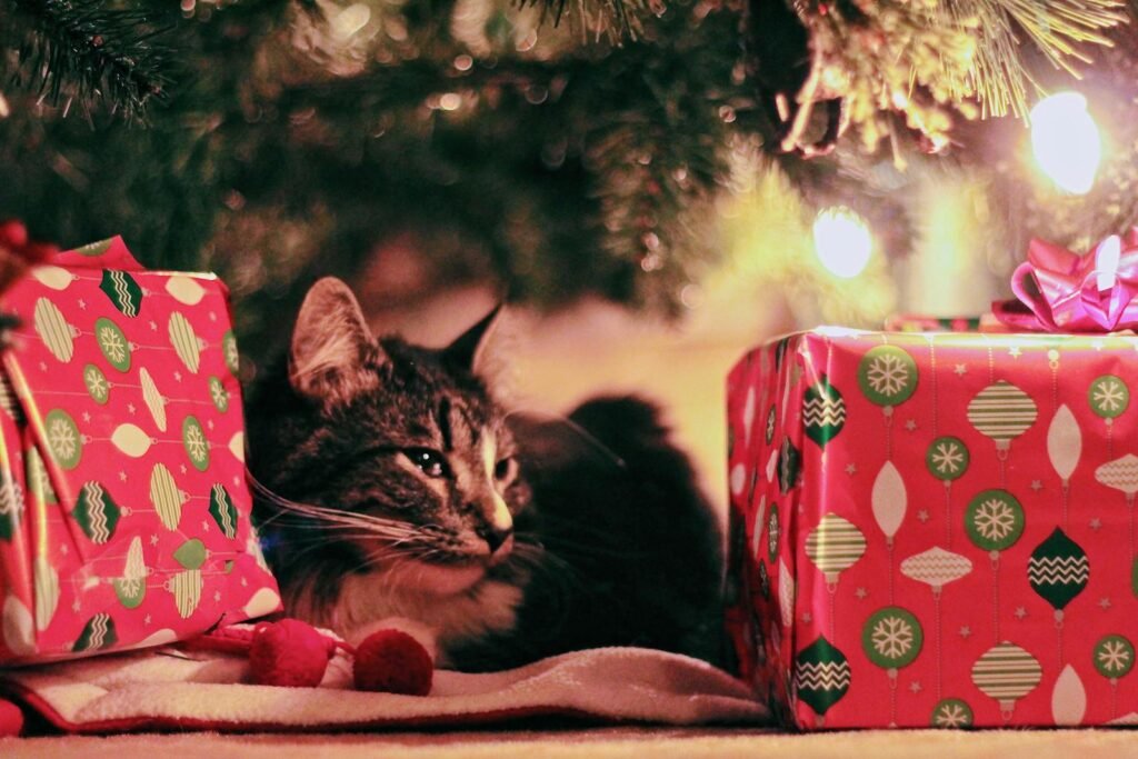 A sleepy cat rests under a Christmas tree surrounded by festive gifts and decorations.