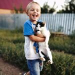 Smiling child with short hair carrying a playful cat in a sunny outdoor setting.