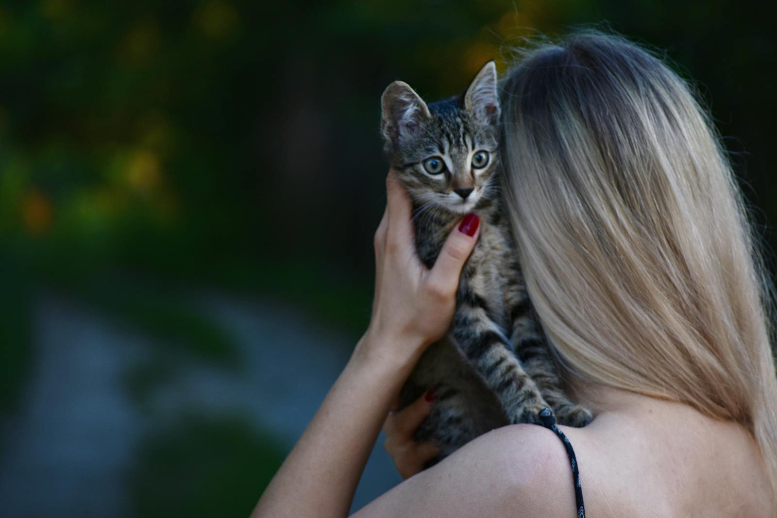 A young woman with blonde hair holds a tabby kitten outdoors, creating a tender moment.