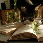 A curious cat investigates open books on a sunny table at home, exploring literature.